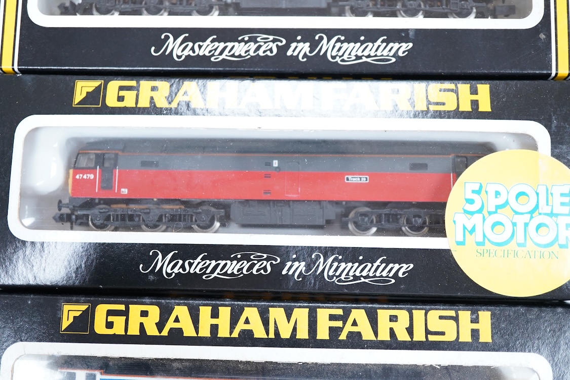 Four boxed Graham Farish N gauge railway Class 47 diesel locomotives; a Porterbrook, 47 817 (LE801A), a Network SouthEast, 47 582 (8018), a Great Western, SS Great Britain 47813, (8002) and a Parcels, Track 29 47479 (802